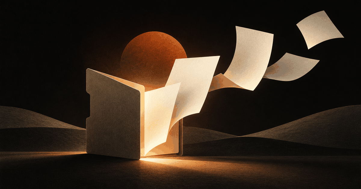 A folder opens into softly lit blank pages at dawn.
