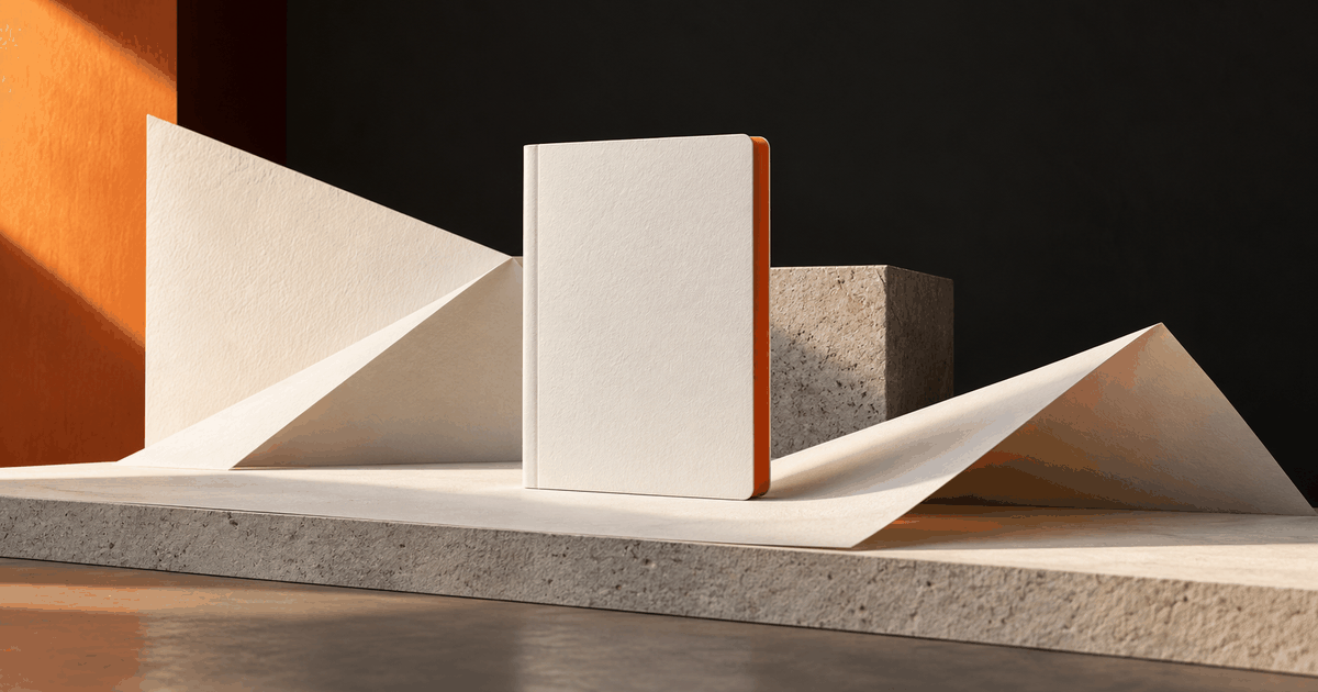 Folded ivory forms with a precise orange edge suggest a polished, sealed release.