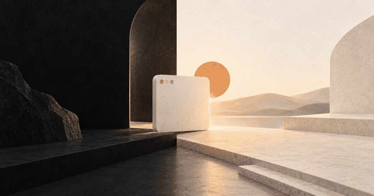 A small app-like form crosses a threshold into a sunlit space.