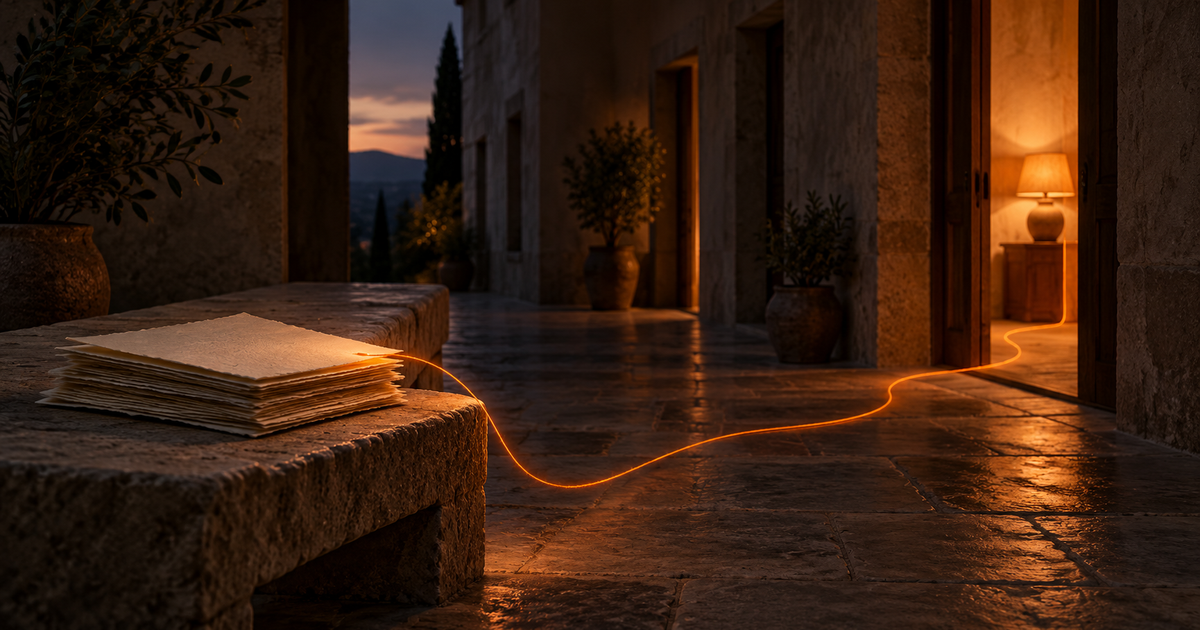 A stack of cream paper rests on a stone bench in a dusk hallway, with a glowing orange thread leading to a warmly lit doorway.